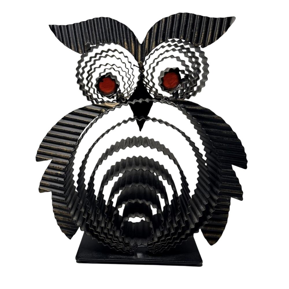 Modern Brutalist Style Corrugated Metal Owl Sculpture With Red Glass Eyes
